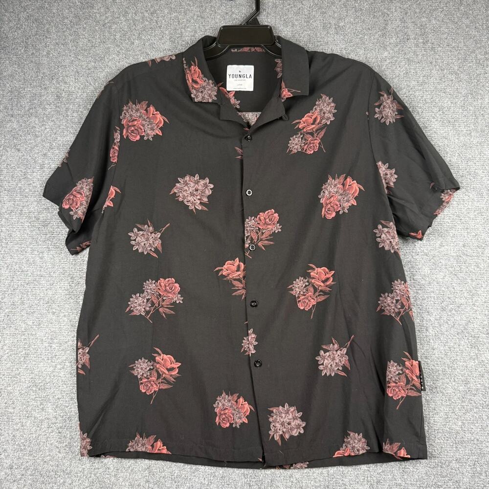 YoungLA Men’s Large Black Floral Button Up Shirt 100% Viscose Short Sleeve